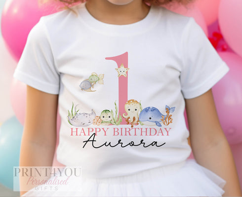 Children's White Cotton Personalised Birthday T-shirt - Under the Sea Design, Name is ONE First Birthday, Two Three Four Five Sixth Birthday
