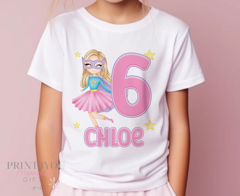 Personalised Super Hero Girl Birthday T-Shirt ANY AGE - Blonde Girl Cotton White Top, any number any age