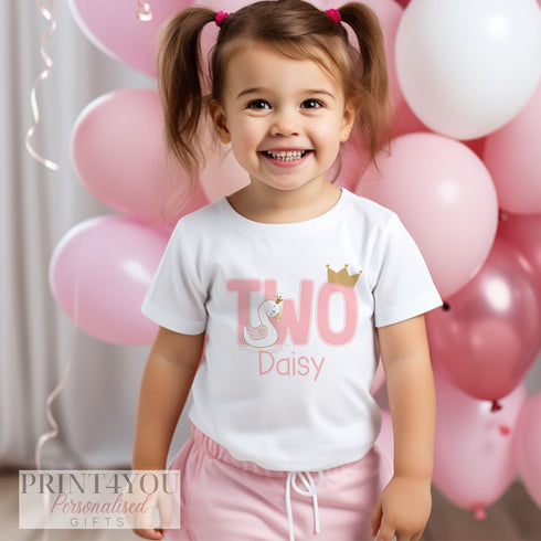Personalised Pink Swan Birthday T-Shirt ANY AGE - First Birthday Cotton White Top, any number any age