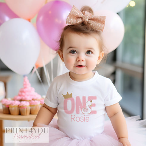 Personalised Pink Swan Birthday T-Shirt ANY AGE - First Birthday Cotton White Top, any number any age