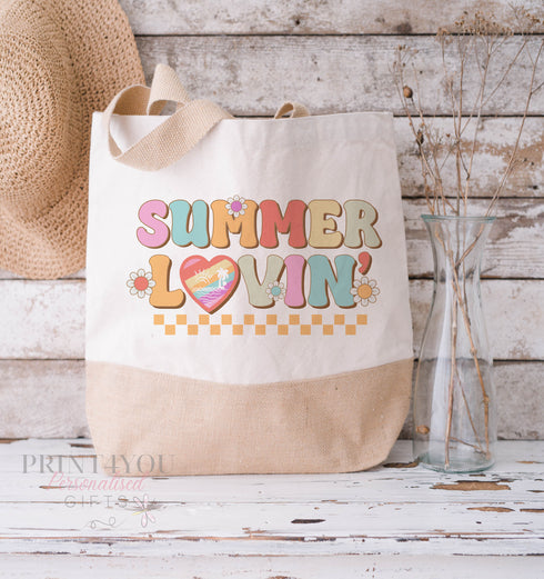 Cotton Jute Tote Bag - Available in medium and XL, Vacation Holiday Beach Bag, Retro Summer Lovin Quote Gifts