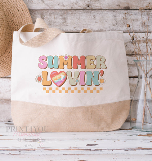 Cotton Jute Tote Bag - Available in medium and XL, Vacation Holiday Beach Bag, Retro Summer Lovin Quote Gifts
