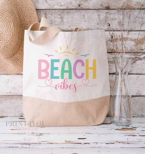 Cotton Jute Tote Bag - Available in medium and XL, Vacation Holiday Beach Bag, beach Vibes Quote Gifts