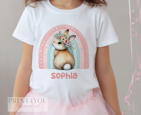 Children's White Cotton Personalised T-shirt - Easter Bunny Tails with Rainbow