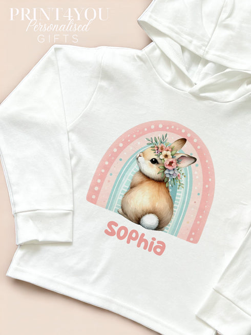 Children's White Cotton Personalised T-shirt - Easter Bunny Tails with Rainbow