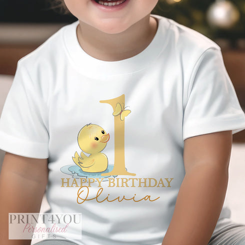 Personalised First Birthday One T-shirt, Sleepsuit and vest, Yellow Rubber Duck First Birthday Outfit.