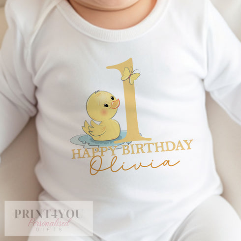 Personalised First Birthday One T-shirt, Sleepsuit and vest, Yellow Rubber Duck First Birthday Outfit.