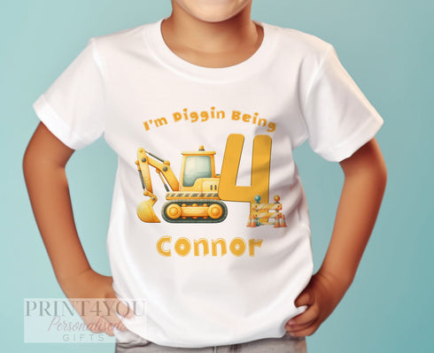 Personalised Digger Birthday T-Shirt ANY AGE - Cotton White Top, Any Age, Construction Digger Party Top, Diggin Being Any Age