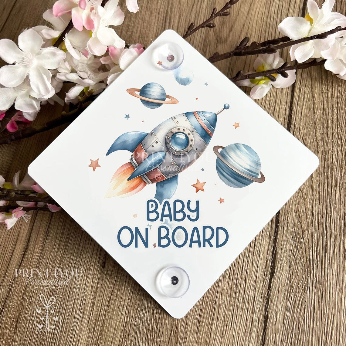 Baby on board aluminium car window sign with suction cups attached, space rocket theme