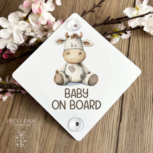 Baby on Board Aluminium Car Window Safety Sign | Farm barnyard Animal Cute Cow