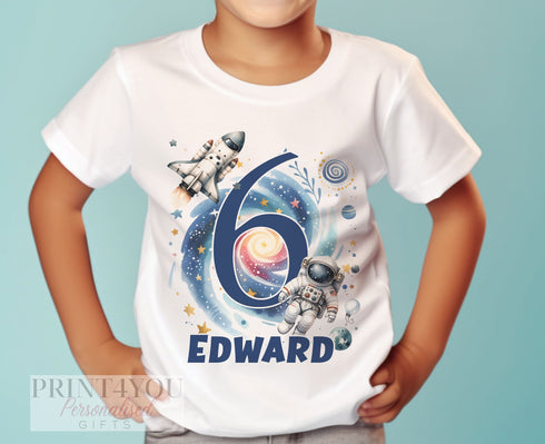Personalised Space Birthday T-Shirt ANY AGE - Cotton White Top, Any Age, Astronaut Space Theme