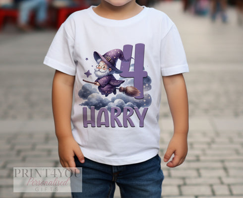 Personalised Wizard Birthday T-Shirt ANY AGE - Cotton White Top, Any Age, Magician Wizard Theme