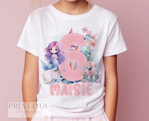 Personalised Mermaid Birthday T-Shirt ANY AGE - Cotton White Top, Any Age, Under the Sea mermaid Theme