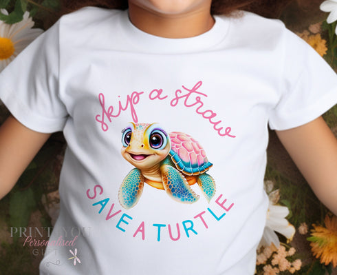Earth Day Childrens Cotton T-shirt - ED2 Skip a straw save a turtle