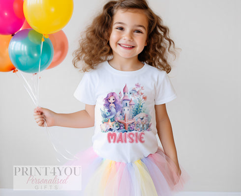 Children's White Cotton Personalised T-shirt - Mermaid under the sea