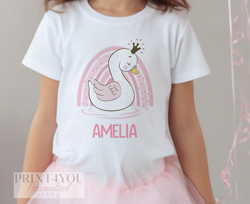 Children's White Cotton Personalised T-shirt - Princess Swan Rainbow