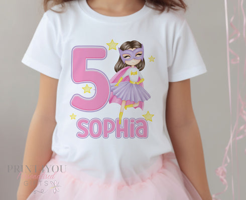 Personalised Super Hero Girl Birthday T-Shirt ANY AGE - Brunette Girl Cotton White Top, any number any age
