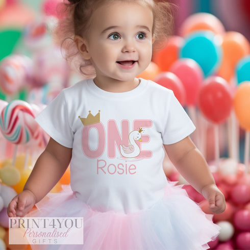 Personalised Pink Swan Birthday T-Shirt ANY AGE - First Birthday Cotton White Top, any number any age