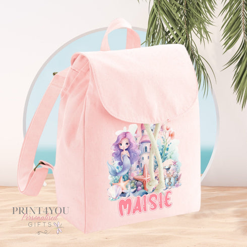 Personalised Children's Bag, Mermaid Birthday Gift, Pale Pink Mini Rucksack with Adjustable Straps - Premium Heavyweight Fabric