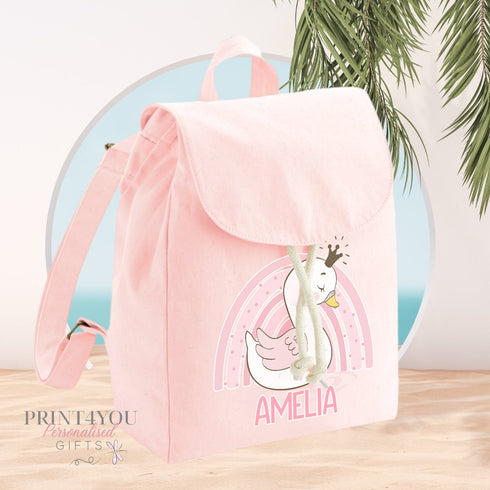 Personalised Children's Bag, Princess Swan Birthday Gift, Pale Pink Mini Rucksack with Adjustable Straps - Premium Heavyweight Fabric