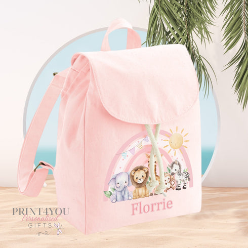 Personalised Children's Bag, Safari Rainbow Birthday Gift, Pale Pink Mini Rucksack with Adjustable Straps - Premium Heavyweight Fabric