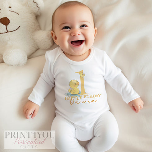 Personalised First Birthday One T-shirt, Sleepsuit and vest, Yellow Rubber Duck First Birthday Outfit.