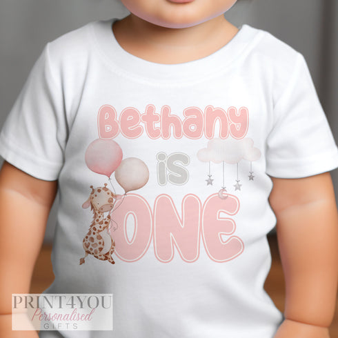 Personalised First Birthday One T-shirt, Sleepsuit and vest, Pink Giraffe First Birthday Outfit.