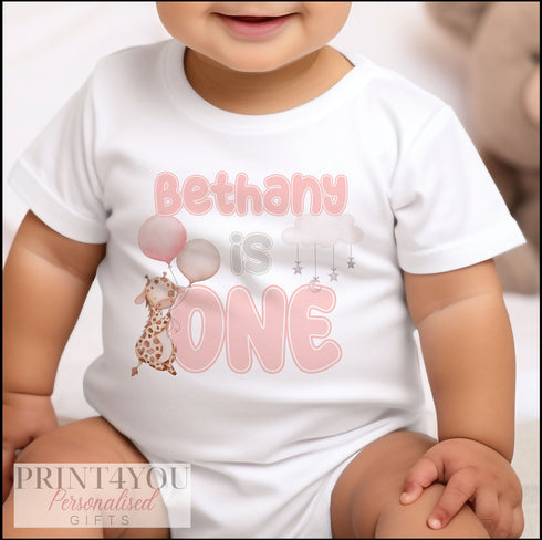 Personalised First Birthday One T-shirt, Sleepsuit and vest, Pink Giraffe First Birthday Outfit.