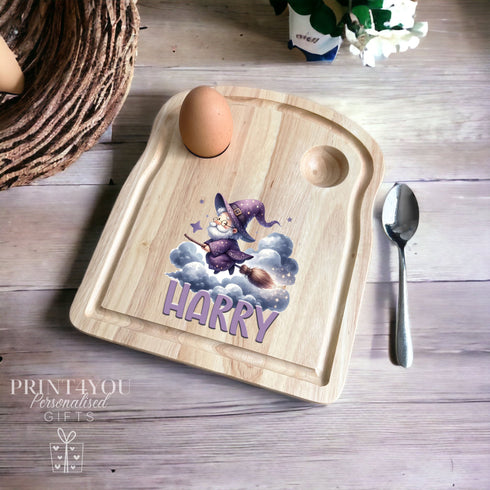 Personalised breakfast board, dippy egg and soldiers, wooden board, Flying Wizard, stocking filler, birthday gift, present