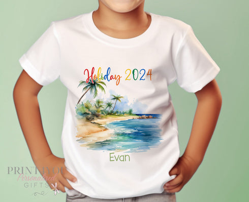Tropical Holiday Personalised T-shirt - Girls Children's White Cotton Graphic Tee, First Holiday T-shirt, Palm Trees, Beach, Sea