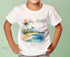 Tropical Holiday Personalised T-shirt - Girls Children's White Cotton Graphic Tee, First Holiday T-shirt, Palm Trees, Beach, Sea