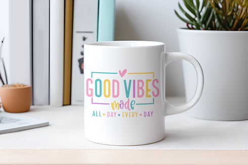 Good Vibes All Day Every Day, Colourful Positivity Gifts, Mug, Bag, Notebook, Passport Cover, make up bags