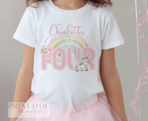 Personalised Unicorn Birthday T-shirt - Unicorn and Rainbow, Name is ONE First Birthday, Two Three Four Five Sixth Birthday
