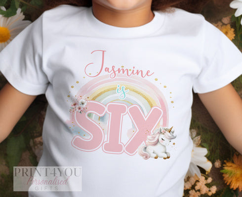 Personalised Unicorn Birthday T-shirt - Unicorn and Rainbow, Name is ONE First Birthday, Two Three Four Five Sixth Birthday