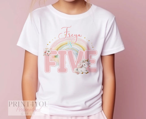 Personalised Unicorn Birthday T-shirt - Unicorn and Rainbow, Name is ONE First Birthday, Two Three Four Five Sixth Birthday