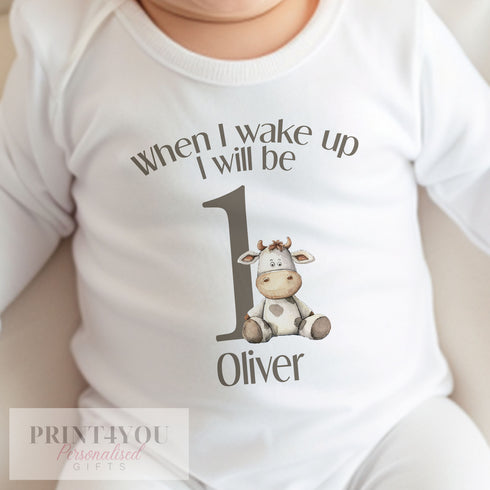 Personalised When I Wake Up I Will Be One Sleepsuit and vest, Grey Cow First Birthday Outfit.