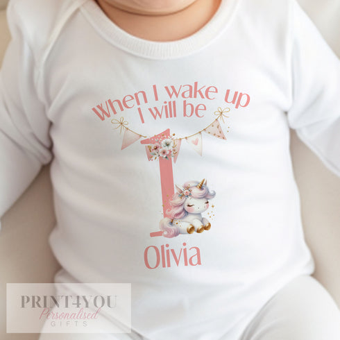 Personalised When I Wake Up I Will Be One Sleepsuit and vest, Pink Unicorn First Birthday Outfit.