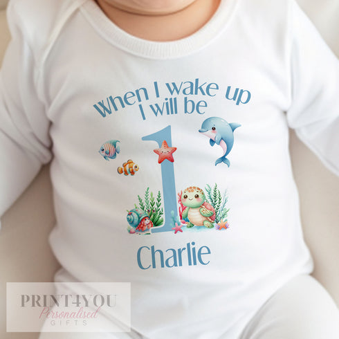 Personalised When I Wake Up I Will Be One Sleepsuit and vest, Under the Sea First Birthday Outfit.