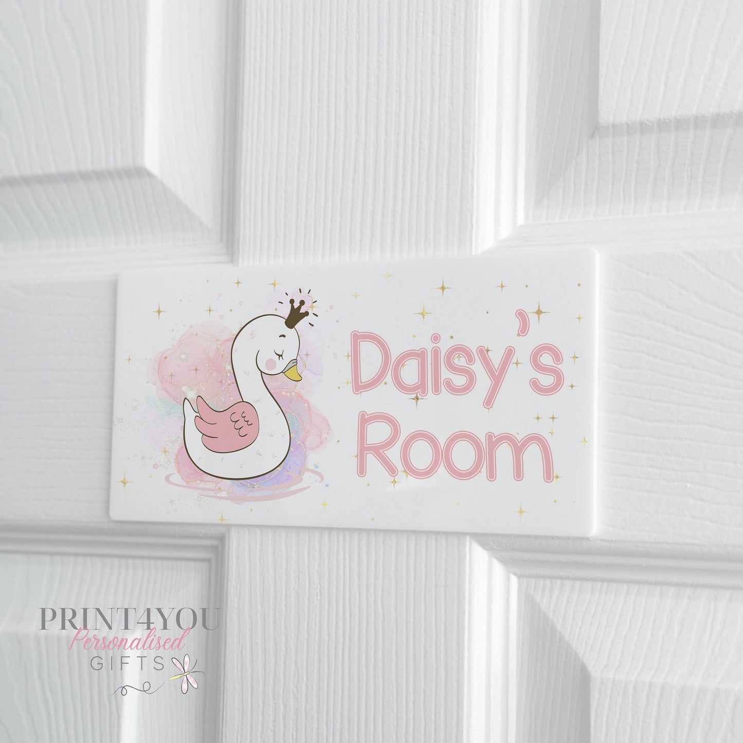 Personalised Bedroom Door Plaque – White Acrylic Kids Name Sign With Princess Swan - Adhesive pads
