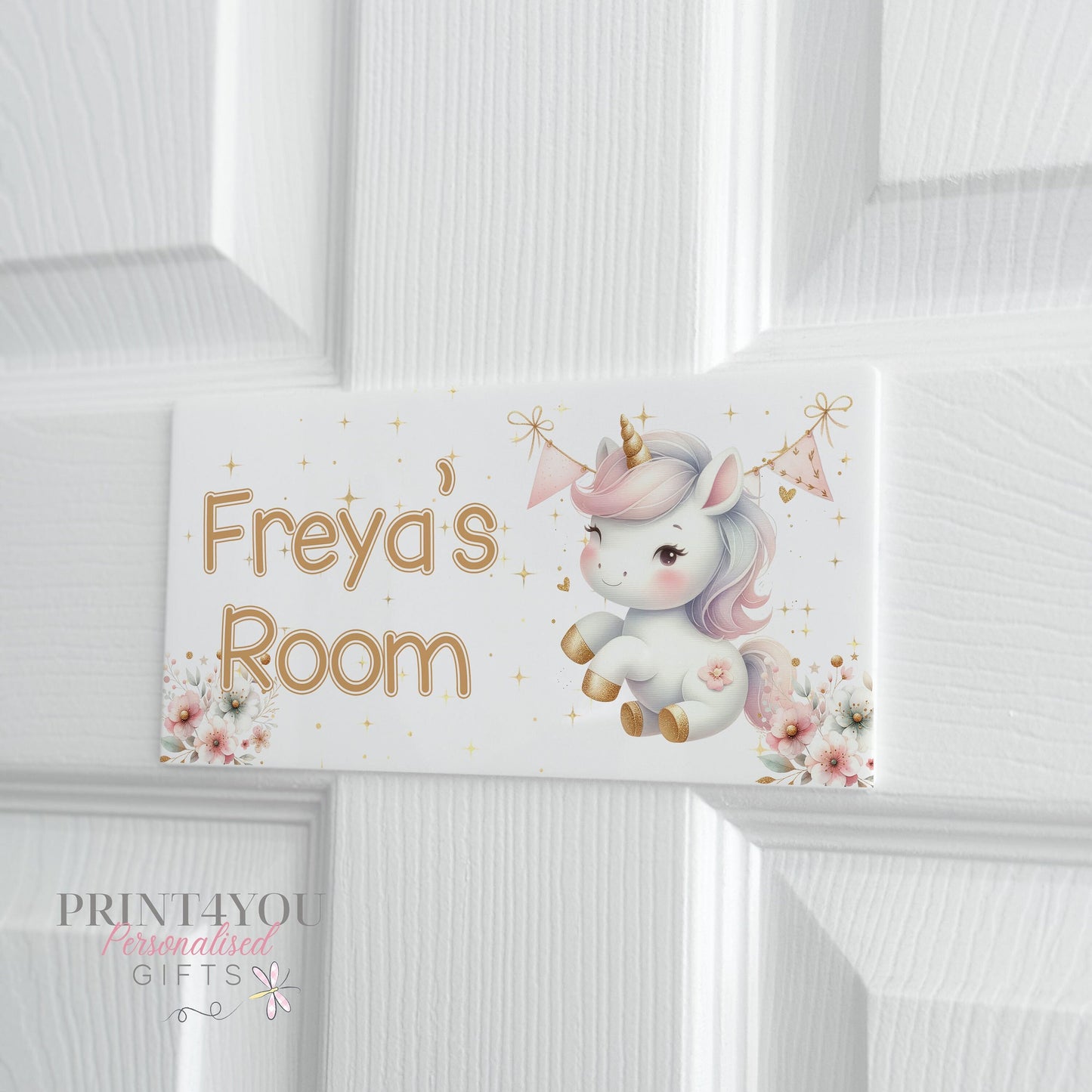 Children's Personalised Bedroom Door Plaque, White Acrylic, Cute baby Unicorn, Girls Bedroom Door plaque, Gift for Girls, birthday Gift Idea - Adhesive pads