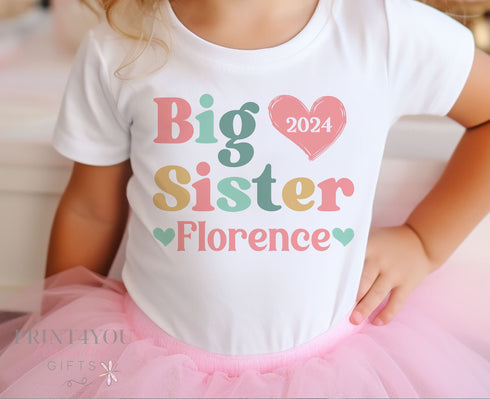 Promoted to Big Sister Heart Design White Personalised Cotton T-Shirt, Big Sister Top, Big Sister Gift, Pregnancy Announcement, Pastel Color