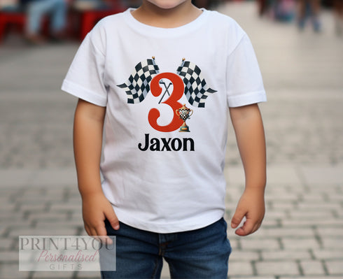 Boys Racing Birthday Personalised T-shirt - Racing Car Number and flag
