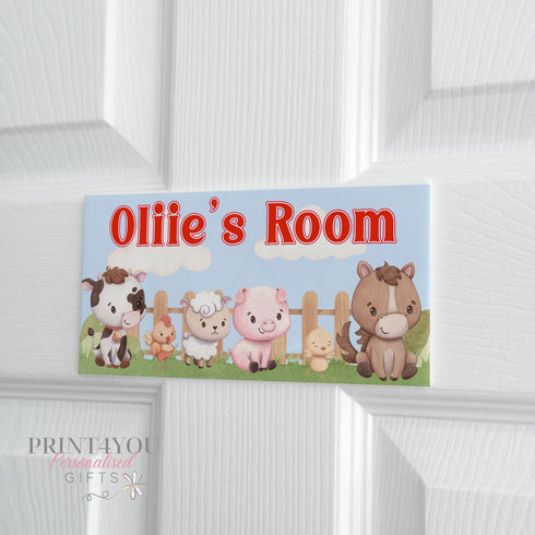 Children's Personalised Bedroom Door Plaque, White Acrylic, Farm Animals