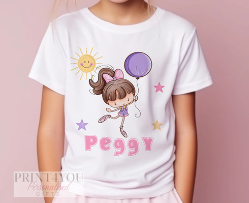 Girl's White Cotton Personalised T-shirt - Birthday girl with Balloon, White or Brown Skin