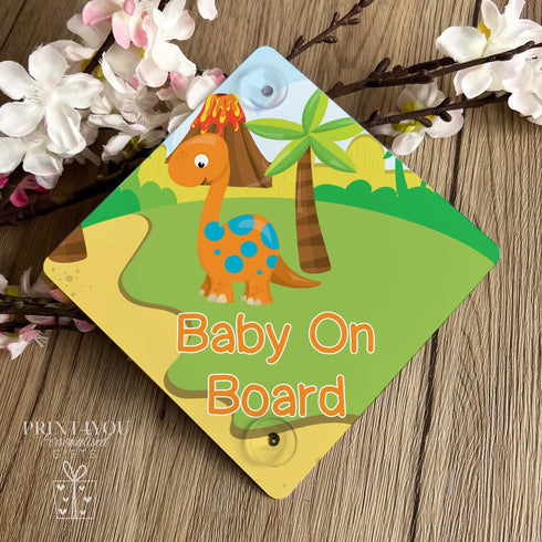 Baby on Board Aluminium Car Window Safety Sign | Polite Driver Notice | Kids Car Accessories | Colourful Dinosaur