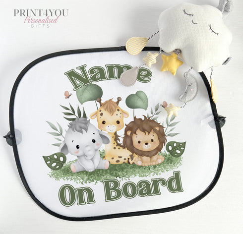 Personalised Children's Car Sun Shade Visor - Safari Jungle Animals, Baby on Board