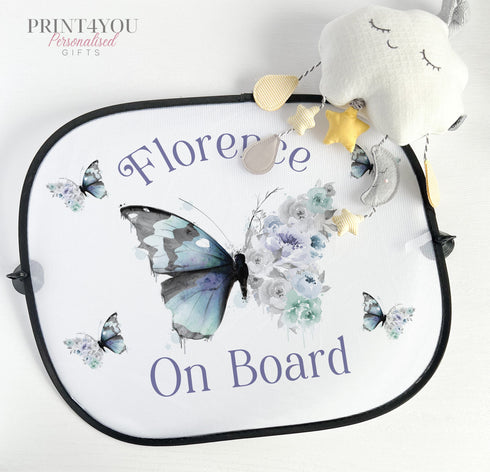 Personalised Children's Car Sun Shade Visor - Purple Butterflies, Baby on Board