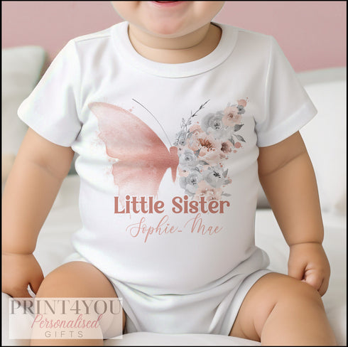 Little Sister Butterfly Personalised Vest, Sleepsuit Baby grow Bodysuit T-shirt, New Sister Gift, Sibling matching T-shirts