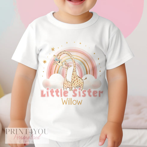 Little Sister Rainbow Giraffe Personalised Vest, Sleepsuit Baby grow Bodysuit T-shirt, New Sister Gift, Sibling matching T-shirts