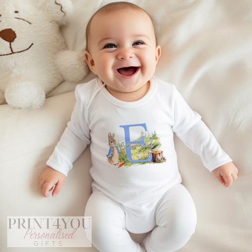 Personalised Blue Rabbit sleepsuit, New baby Outfit, Coming Home baby Grow, new Born Gift, Baby Shower Gift,